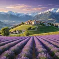 Rolling hills blanketed in lavender fields stretching towards a picturesque village nestled at the foot of snow-capped mountains, soft light, painterly style, calming atmosphere