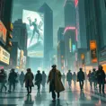 A cyberpunk cityscape, a giant holographic advertisement for a virtual reality game dominates the skyline, people wearing VR headsets walk down the street, their eyes glazed over, a lone figure in a trench coat walks past, a look of defiance on their face.