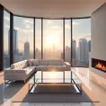A minimalist living room with a large, panoramic window overlooking a bustling city skyline. Sunlight streams through the window, illuminating a white leather sofa, a sleek coffee table made of polished chrome, and a modern fireplace with a glowing fire.