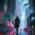 A towering, neon-drenched cyberpunk city, with holographic billboards advertising illicit services and flying vehicles weaving through the smog-filled sky. In the foreground, a lone figure in a trench coat walks down a rain-slicked street, their face obscured by a glowing cybernetic mask.