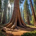 A massive, ancient sequoia tree, its bark deeply furrowed and textured. Sunlight filters through its canopy, illuminating a carpet of fallen needles on the forest floor.