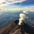 A breathtaking view from the summit of a volcanic peak, with plumes of smoke rising from the crater. Below, a vast, undulating landscape stretches out towards the horizon, dotted with scattered villages.