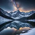 A snow-covered mountain range under a clear, starry night sky, with the Milky Way visible in the background and a frozen lake reflecting the celestial beauty.