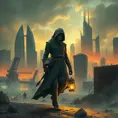 A cyberpunk dystopia, a desolate wasteland dotted with crumbling skyscrapers, the air thick with smog and radiation, a lone figure walks through the wasteland, their face obscured by a mask, carrying a flickering lantern.