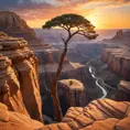 A vast, otherworldly canyon carved by time, with towering sandstone formations reaching towards a vibrant, sunset sky. A lone, weathered tree clings to the edge, its roots grasping the ancient rock.