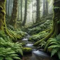 A dense, ancient forest with towering, moss-covered trees, a carpet of ferns, and a hidden, crystal-clear stream winding through the undergrowth.