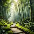 Deep within a bamboo forest, sunlight filters through the leaves, illuminating a moss-covered path. (Zen, meditation, green, ethereal)