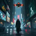 A cyberpunk street scene, holographic projections of advertisements flicker on buildings, robotic police patrol the streets, a lone figure in a trench coat walks down the sidewalk, their face obscured by a glowing mask, a flying car zooms overhead.