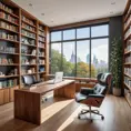 A spacious, open-plan office with a large, floating desk made of polished wood, a comfortable leather armchair, and a wall of bookshelves filled with colorful books. A large window provides natural light and a view of a city park.