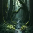 A dense, ancient forest with towering, moss-covered trees, a carpet of ferns, and a hidden, crystal-clear stream winding through the undergrowth.