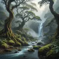 A mystical, fog-covered valley with ancient, twisted trees and a hidden, sparkling river that winds through the mist, revealing hidden waterfalls.