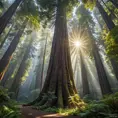 A towering, ancient redwood forest, where the massive trees form a cathedral-like canopy, and shafts of sunlight pierce through the dense foliage.