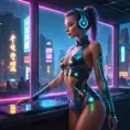A cyberpunk nightclub, pulsating with neon lights and synthwave music, dancers with cybernetic enhancements move in a hypnotic trance, a holographic DJ spins futuristic beats, a lone figure stares out the window at the rain-soaked city.