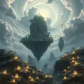 A surreal, otherworldly landscape, with floating islands suspended in a sky filled with swirling clouds. Strange, bioluminescent plants illuminate the scene with an ethereal glow.