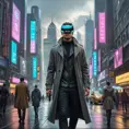 A cyberpunk cityscape, a giant holographic advertisement for a virtual reality game dominates the skyline, people wearing VR headsets walk down the street, their eyes glazed over, a lone figure in a trench coat walks past, a look of defiance on their face.