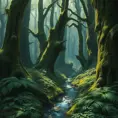 A dense, ancient forest with towering, moss-covered trees, a carpet of ferns, and a hidden, crystal-clear stream winding through the undergrowth.