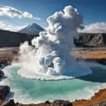 A bubbling geyser erupting in a dramatic display of steam and water, set against a backdrop of a rugged, volcanic landscape.