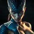 Mystique shifting into form, blue scales transforming into smooth skin, piercing yellow eyes, a hint of mischief, dynamic pose, dramatic lighting, photorealistic