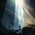 A majestic waterfall cascading down a sheer cliff face, sunlight illuminating the mist, creating a rainbow. Lush ferns and moss adorn the rocks, with a lone hiker silhouetted against the spray.