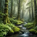 A dense, ancient forest with towering, moss-covered trees, a carpet of ferns, and a hidden, crystal-clear stream winding through the undergrowth.