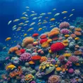 A vibrant, colorful coral reef teeming with marine life, including schools of fish, sea turtles, and vibrant anemones, all set against the deep blue ocean.
