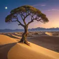 A vast, golden desert under a twilight sky, with dunes stretching endlessly, and a lone, ancient tree standing as a sentinel against the encroaching sands.