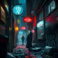 A decaying cyberpunk alleyway, graffiti-covered walls illuminated by flickering neon signs, a lone figure in a hooded cloak sifting through trash, the air thick with the smell of ozone and decay.