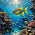 Bio luminescent coral reefs teeming with colorful fish, sunlight filtering through the crystal-clear water, creating dancing patterns of light and shadow, serene and magical