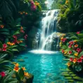 A hidden waterfall cascades into a crystal-clear pool surrounded by vibrant flowers and lush ferns. (Paradise, tropical, hidden oasis, untouched)
