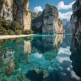 A hidden, crystal-clear lagoon surrounded by towering limestone cliffs, with the water so still it mirrors the sky above, creating a perfect, otherworldly reflection.