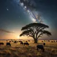 A vast, open savanna under a vast, star-filled sky, with herds of grazing animals silhouetted against the horizon, and the Milky Way stretching across the heavens.