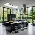 A futuristic kitchen with sleek, black cabinetry, stainless steel appliances, and a large island featuring a built-in induction cooktop and a breakfast bar with high-backed stools. A wall of windows overlooks a verdant garden.