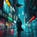 A cyberpunk street scene, holographic projections of advertisements flicker on buildings, robotic police patrol the streets, a lone figure in a trench coat walks down the sidewalk, their face obscured by a glowing mask, a flying car zooms overhead.