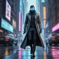 A cyberpunk street scene, holographic projections of advertisements flicker on buildings, robotic police patrol the streets, a lone figure in a trench coat walks down the sidewalk, their face obscured by a glowing mask, a flying car zooms overhead.