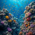 A vibrant coral reef teeming with exotic marine life, where schools of colorful fish dart among the intricate formations of coral, all set against the deep blue ocean.