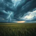 A vast, open prairie under a dramatic thunderstorm, with lightning bolts illuminating the dark clouds and the tall grass swaying in the strong winds.