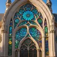 An intricate Art Nouveau cathedral facade, adorned with iridescent stained glass mosaics depicting celestial scenes, framed by organic lines of sculpted bronze vines and blossoms. Soft sunlight streams through, casting a kaleidoscope of colors within.