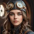 A portrait of a young woman with intricate clockwork gears embedded in her skin, her eyes glowing with a soft, ethereal light. She wears a leather aviator hat and goggles, her expression a mix of curiosity and determination. Steampunk aesthetic, highly detailed, vintage photography style.