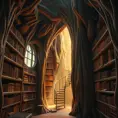 A solitary, ancient library carved into the heart of a giant sequoia tree, bathed in warm, golden light. Shelves overflow with ancient tomes bound in leather and illuminated manuscripts. A spiral staircase winds upwards, disappearing into the shadows of the treetop.