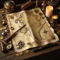 A treasure map spread out on a table lit by a single flickering candle, surrounded by pirate paraphernalia - cutlass, compass, spyglass, and gold coins, highly detailed, realistic