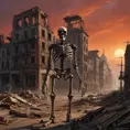 A desolate, dust-swept cityscape littered with the remnants of a forgotten war, rusted metal skeletons of buildings reaching towards a blood-red sky, biomechanical creatures scavenging amongst the debris, apocalyptic art