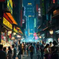 Cyberpunk street market at night, brightly lit stalls selling exotic goods and cybernetic enhancements, a diverse crowd of humans, aliens, and robots haggling over prices, vibrant colors and a sense of energy and excitement, cinematic lighting, detailed environment