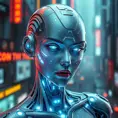 An ethereal android with luminous silver skin, geometric patterns of light pulsing beneath her surface, her eyes glowing with artificial intelligence, set against a backdrop of a futuristic neon cityscape, cyberpunk art, hyperrealistic