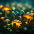 A group of bioluminescent baby aliens playing hide and seek in a field of glowing mushrooms, whimsical, dreamlike, soft focus