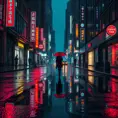 Cyberpunk street after the rain, reflections of neon lights on the wet pavement, puddles acting like mirrors to the city above, a lone figure walking away with a red umbrella, a sense of melancholy and beauty, cinematic composition, hyperrealistic