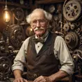 A grizzled old inventor in a dimly lit workshop, surrounded by gears, cogs, and strange contraptions. He wears a monocle and a leather apron, his hands stained with oil and grime. A mischievous glint in his eye, a half-finished automaton in the background. Steampunk, sepia tones, Rembrandt lighting.