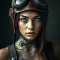 A portrait of a young woman with intricate clockwork gears embedded in her skin, her eyes glowing with a soft, ethereal light. She wears a leather aviator hat and goggles, her expression a mix of curiosity and determination. Steampunk aesthetic, highly detailed, vintage photography style.