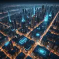 Aerial view of a sprawling cyberpunk city at night, glowing grid patterns of streets and buildings, flying vehicles weaving through the cityscape, holographic projections illuminating the sky, a sense of scale and technological advancement, futuristic architecture, 8k resolution