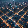 Aerial view of a sprawling cyberpunk city at night, glowing grid patterns of streets and buildings, flying vehicles weaving through the cityscape, holographic projections illuminating the sky, a sense of scale and technological advancement, futuristic architecture, 8k resolution