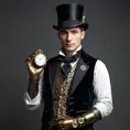 An elegant Victorian gentleman with a finely crafted prosthetic arm made of polished brass and copper. He holds a pocket watch that displays intricate gears instead of numbers. Dressed in a velvet waistcoat and cravat, a top hat casting a shadow over his piercing gaze. Steampunk, cinematic lighting, Art Deco elements.